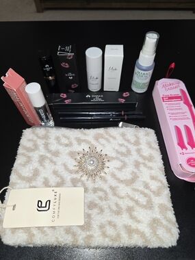 Makeup Set with Cream & Tan Leopard Makeup Pouch with Decorative Sunburst Brooch